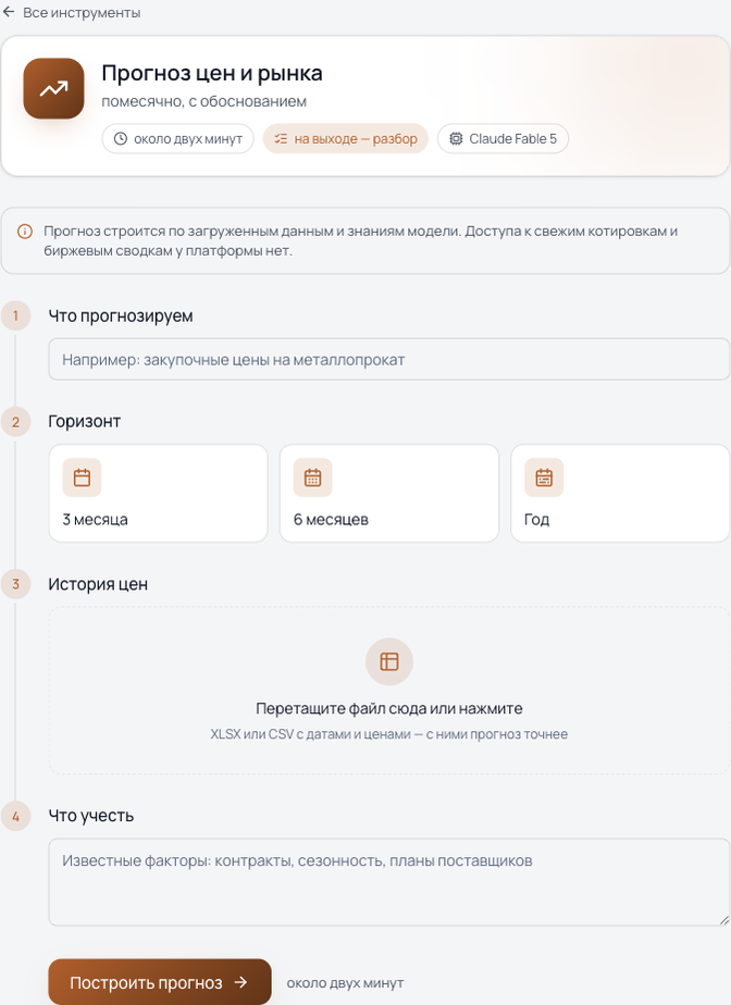 Форма инструмента «Прогноз цен» в Neurocorp
